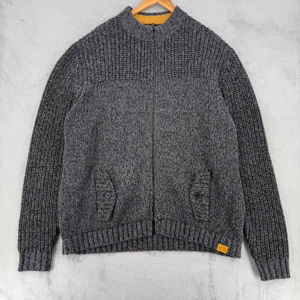 Harley-Davidson Sweater Mens Size 2XL Full Zip Chunky Knit Gray Marl Biker